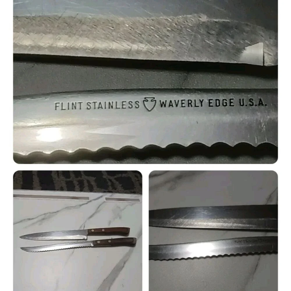 Pair of stainless steel Knives by Flint made in USA Surface scratches Partial